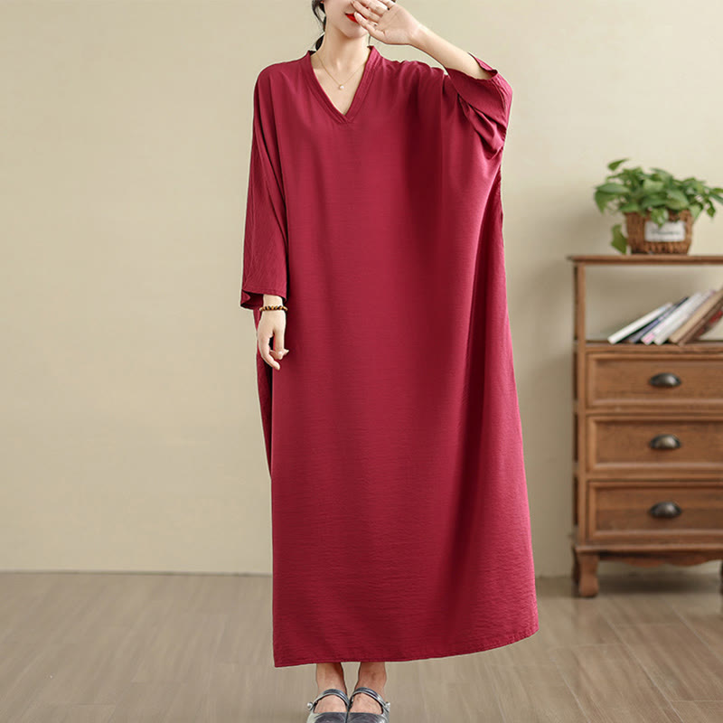 Sukienka maxi z długim rękawem z bawełny i lnu Buddha Stones w jednolitym kolorze, w stylu retro, z kieszeniami - Karmazynowy - US4-12, UK/AU8-18, EU36-46(F) - image 31