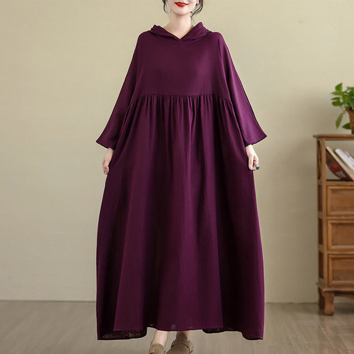 Sukienka midi z długim rękawem z bawełny i lnu z motywem Buddha Stones na jesień z kapturem i kieszeniami - Ciemna Magenta - US4-8/10, UK/AU8-12/14, EU36-40/42(F) - image 17