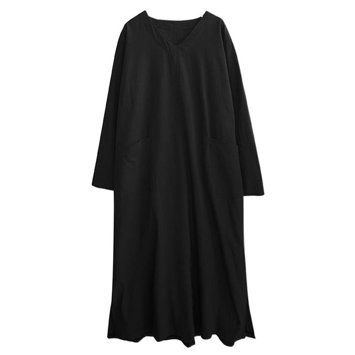 Sukienka maxi z długimi rękawami z bawełny i lnu z motywem Buddha Stones, jesienna, prosta, z kieszeniami - image 17