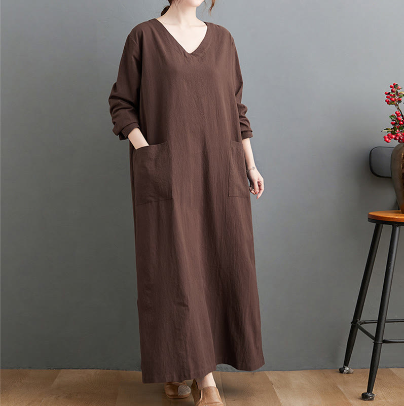 Sukienka maxi z długimi rękawami z bawełny i lnu z motywem Buddha Stones, jesienna, prosta, z kieszeniami - SaddleBrown - US4-8/10, UK/AU8-12/14, EU36-40/42(F) - image 0