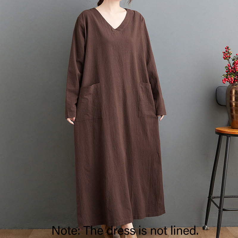 Sukienka maxi z długimi rękawami z bawełny i lnu z motywem Buddha Stones, jesienna, prosta, z kieszeniami - image 1