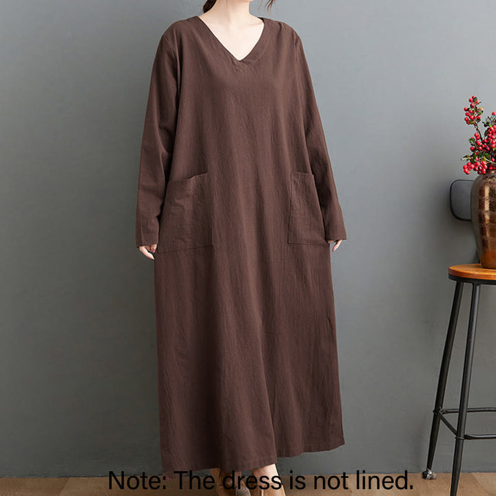 Sukienka maxi z długimi rękawami z bawełny i lnu z motywem Buddha Stones, jesienna, prosta, z kieszeniami - image 1