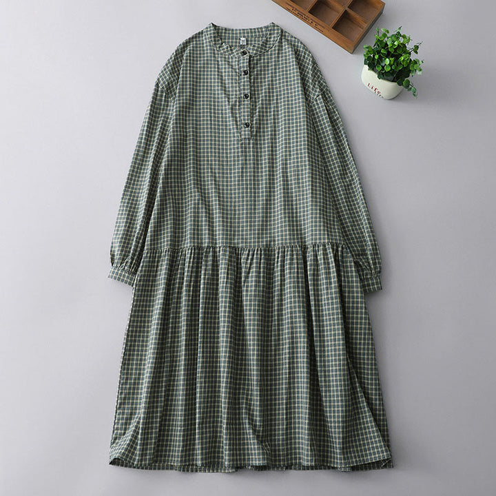 Sukienka midi z bawełny z długim rękawem i guzikami w kratę Buddha Stones - MediumSeaGreen - US14, UK/AU18, EU46 (2XL) - image 1