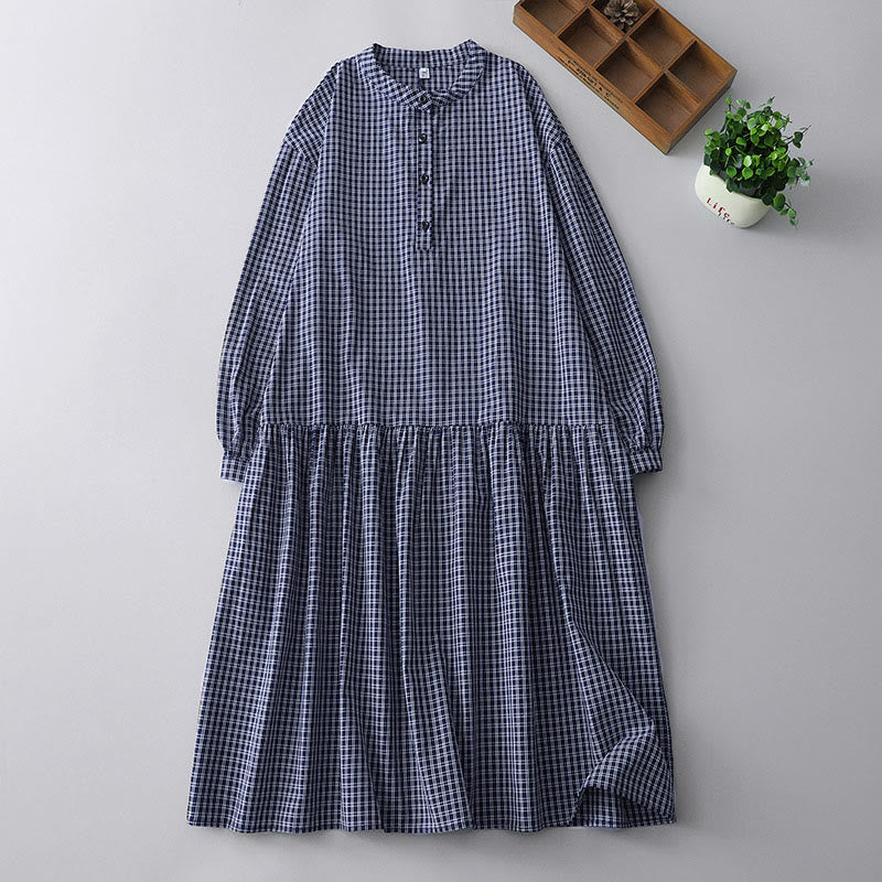 Sukienka midi z bawełny z długim rękawem i guzikami w kratę Buddha Stones - Ciemnoniebieski - US14, UK/AU18, EU46 (2XL) - image 12