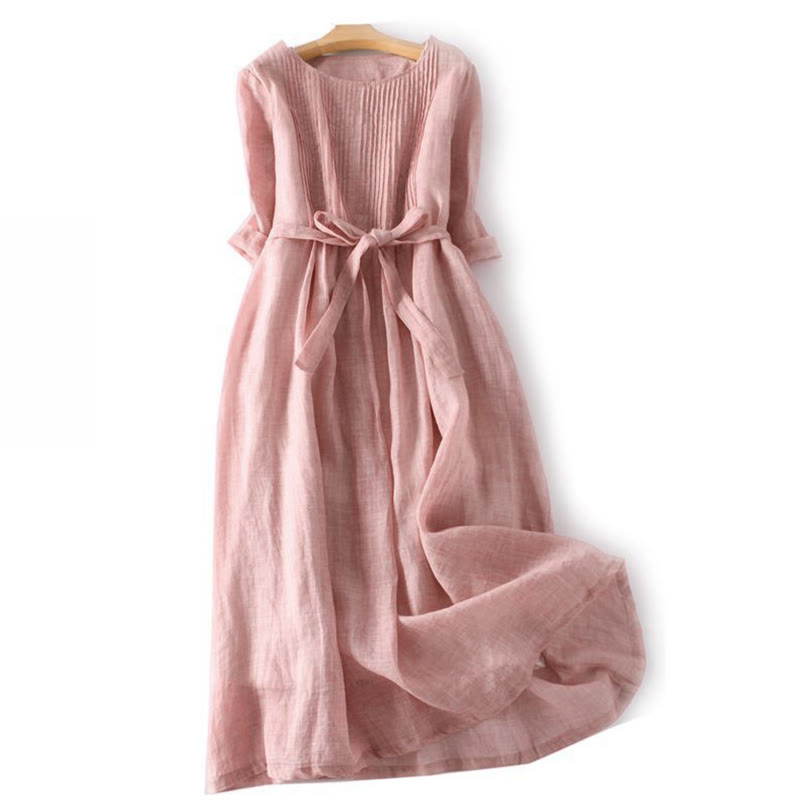 Sukienka midi Buddha Stones, swobodna, sznurowana, prosta, z okrągłym dekoltem i krótkim rękawem, z kieszeniami - Jasnoróżowy - US12, UK/AU16, EU44 (3XL) - image 0