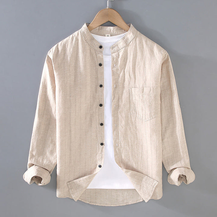 Koszula męska z długim rękawem z bawełny i lnu w paski "Buddha Stones Daily Tang Suit" - Beżowy - US/UK/AU42， EU52 (3XL) - image 3