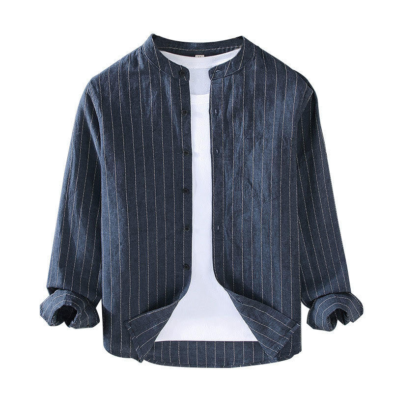 Koszula męska z długim rękawem z bawełny i lnu w paski "Buddha Stones Daily Tang Suit" - image 1