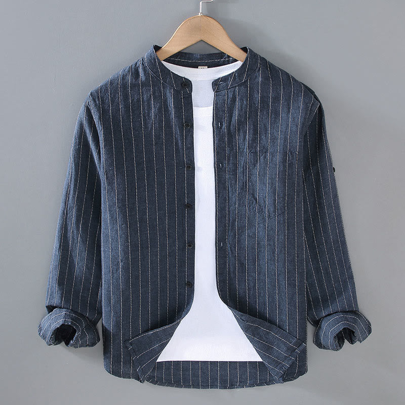 Koszula męska z długim rękawem z bawełny i lnu w paski "Buddha Stones Daily Tang Suit" - MidnightBlue - US/UK/AU42， EU52 (3XL) - image 1