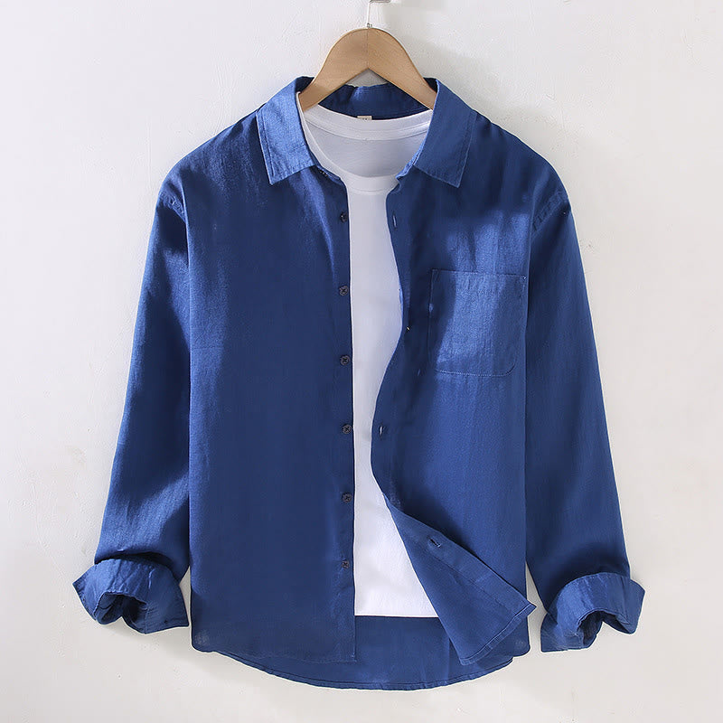 Koszula męska z długim rękawem i kieszenią, lniana, w jednolitym kolorze, z motywem Buddha Stones , wiosenna - MediumBlue - US/UK/AU42， EU52 (3XL) - image 12