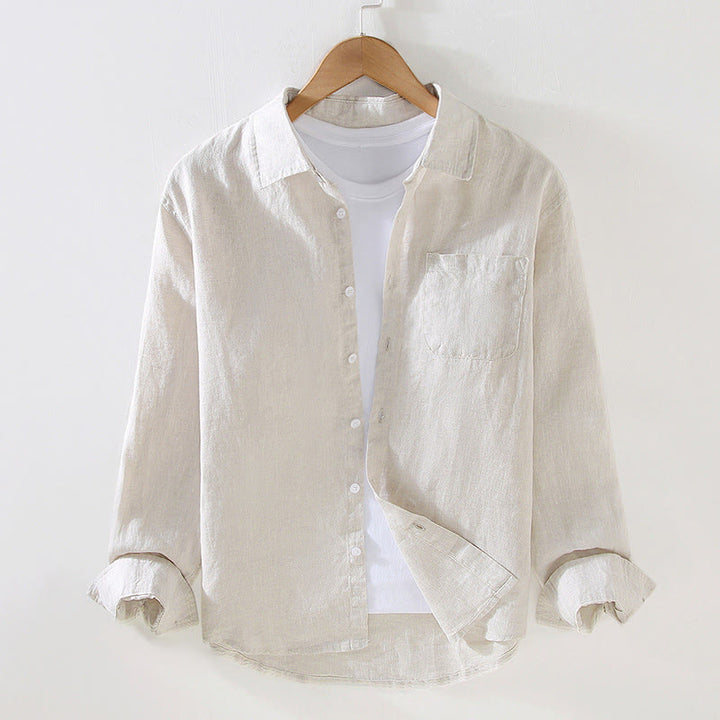 Koszula męska z długim rękawem i kieszenią, lniana, w jednolitym kolorze, z motywem Buddha Stones , wiosenna - Beżowy - US/UK/AU42， EU52 (3XL) - image 0