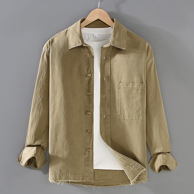 Koszula męska z długim rękawem z bawełny z motywem Buddha Stones w jednolitym kolorze, z frędzlami u dołu i kieszenią - Khaki - US/UK/AU46， EU56 (3XL) - image 1