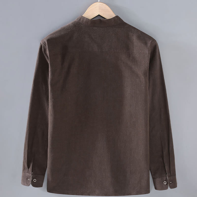 Kurtka męska z lnu ramii z kieszeniami Buddha Stones Commute z długim rękawem i guzikami, prosta, z klapami na guziki - image 1