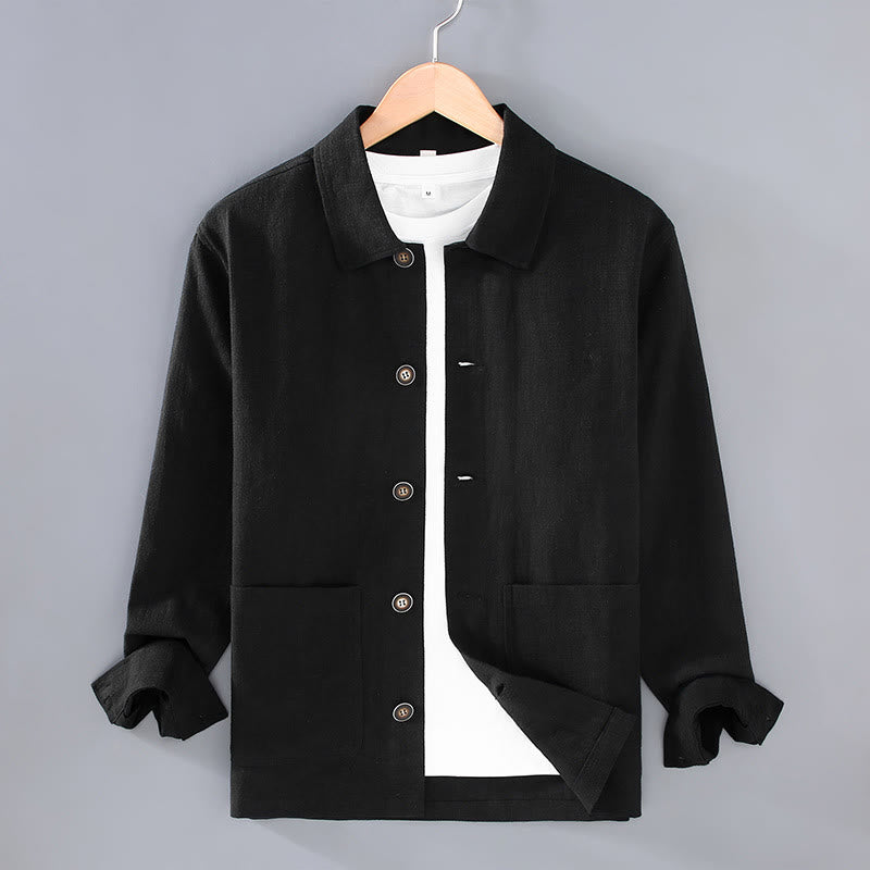 Kurtka męska z lnu ramii z kieszeniami Buddha Stones Commute z długim rękawem i guzikami, prosta, z klapami na guziki - Czarny - US/UK/AU42， EU52 (3XL) - image 12