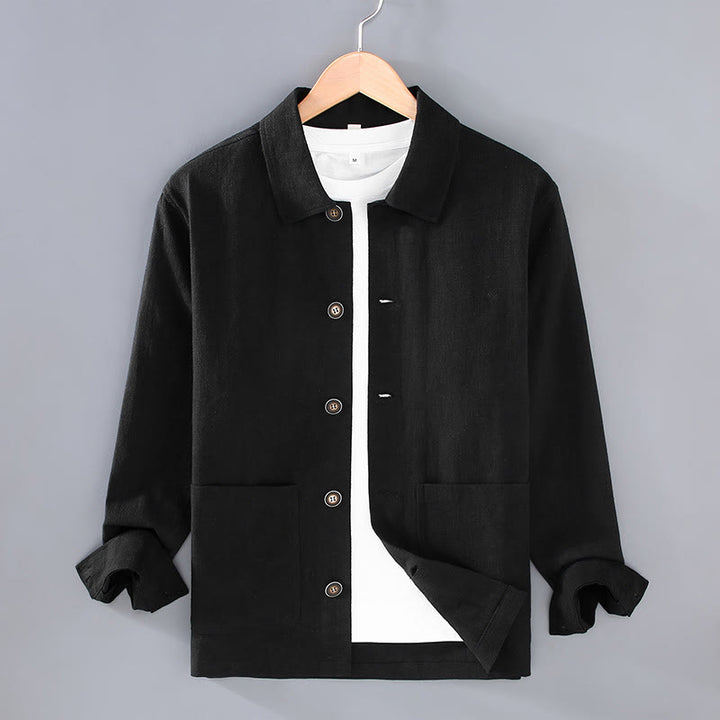 Kurtka męska z lnu ramii z kieszeniami Buddha Stones Commute z długim rękawem i guzikami, prosta, z klapami na guziki - Czarny - US/UK/AU42， EU52 (3XL) - image 12
