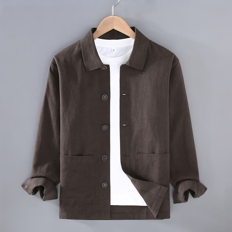 Kurtka męska z lnu ramii z kieszeniami Buddha Stones Commute z długim rękawem i guzikami, prosta, z klapami na guziki - SaddleBrown - US/UK/AU42， EU52 (3XL) - image 0