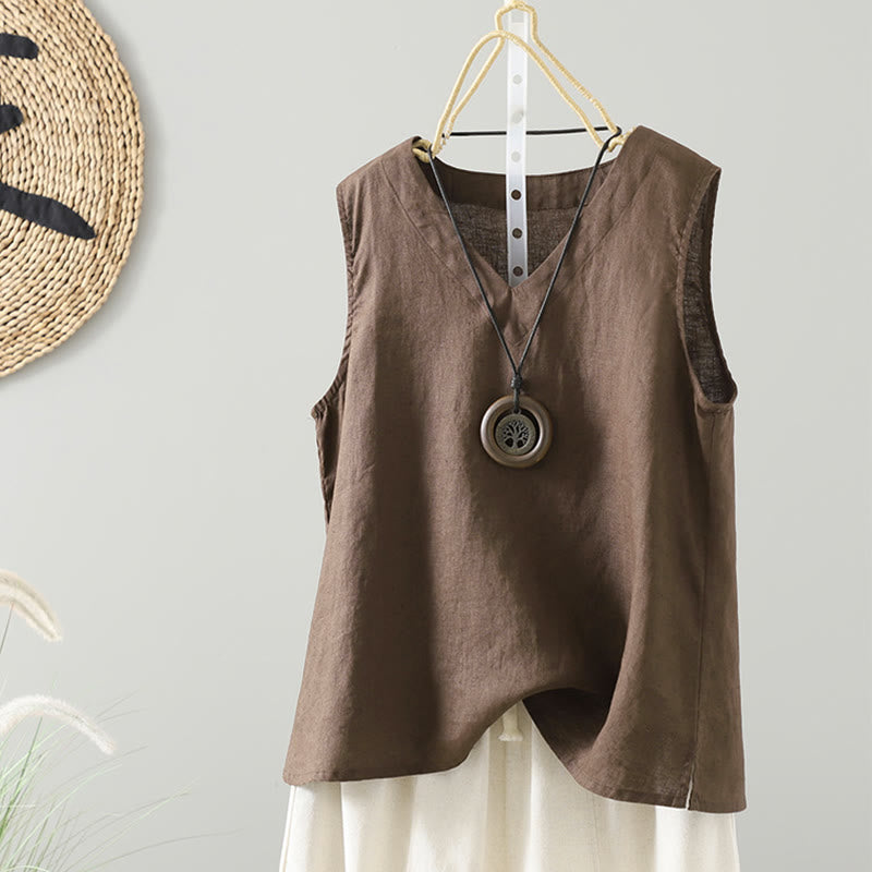 Kamizelka damska z dekoltem w serek w jednolitym kolorze z Buddha Stones w stylu vintage na lato - SaddleBrown - US8-10，UK/AU12-14，EU40-42 (2XL) - image 0