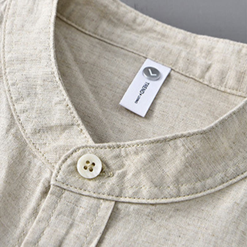 Koszula męska z długim rękawem i stójką Buddha Stones z kieszenią Pure Color Casual Cotton Linen - image 1