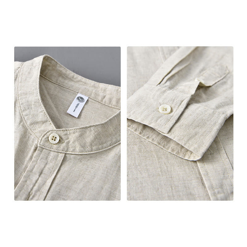 Koszula męska z długim rękawem i stójką Buddha Stones z kieszenią Pure Color Casual Cotton Linen - image 3