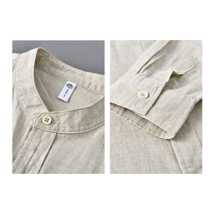 Koszula męska z długim rękawem i stójką Buddha Stones z kieszenią Pure Color Casual Cotton Linen - image 3