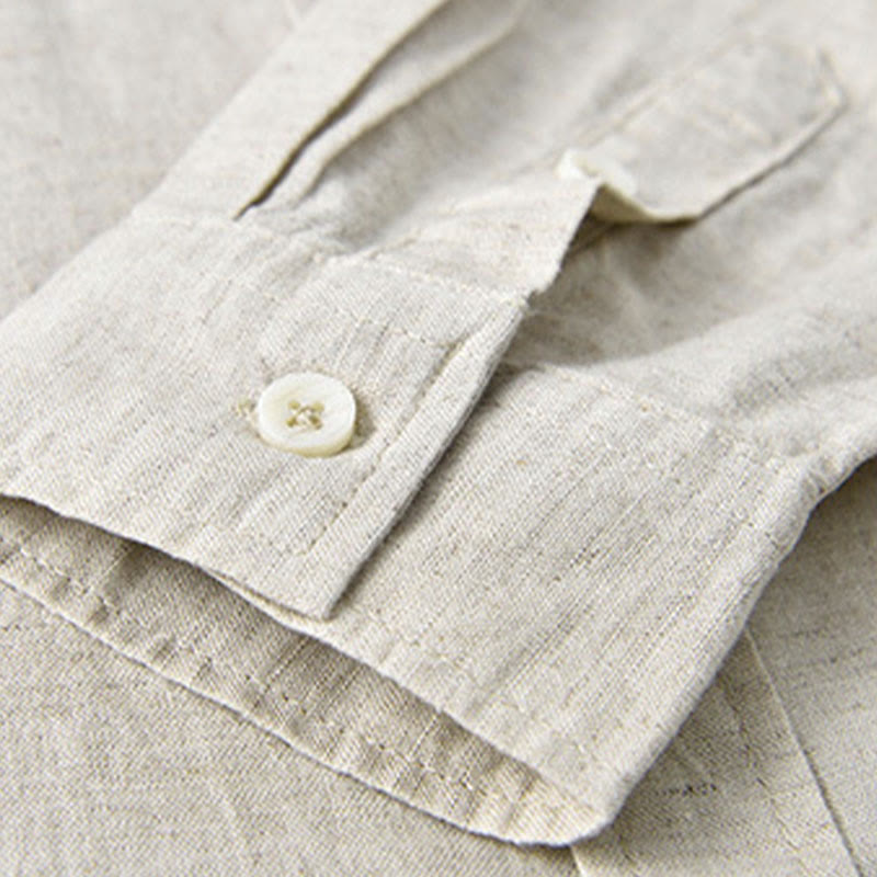 Koszula męska z długim rękawem i stójką Buddha Stones z kieszenią Pure Color Casual Cotton Linen - image 3