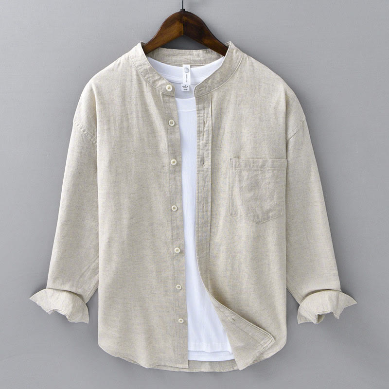 Koszula męska z długim rękawem i stójką Buddha Stones z kieszenią Pure Color Casual Cotton Linen - Bielizna - US/UK/AU40, EU50 (3XL) - image 1