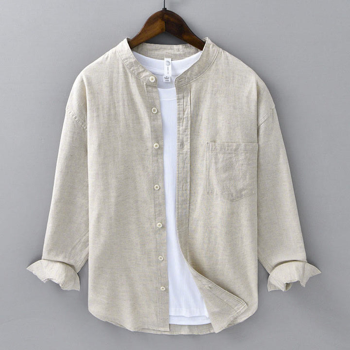 Koszula męska z długim rękawem i stójką Buddha Stones z kieszenią Pure Color Casual Cotton Linen - Bielizna - US/UK/AU40, EU50 (3XL) - image 0