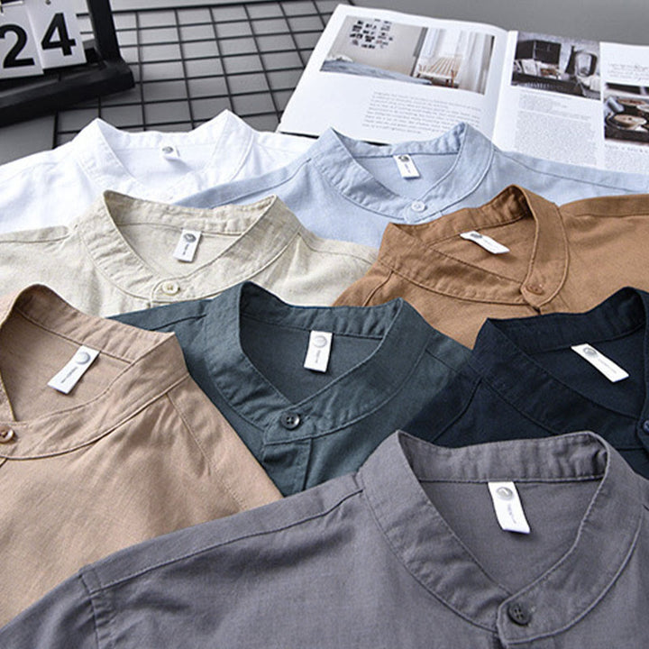 Koszula męska z długim rękawem i stójką Buddha Stones z kieszenią Pure Color Casual Cotton Linen - image 5