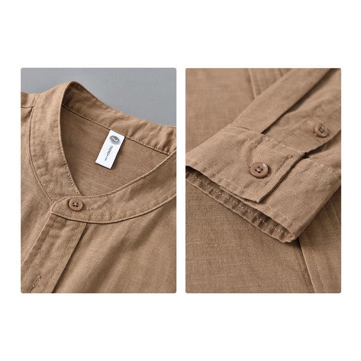 Koszula męska z długim rękawem i stójką Buddha Stones z kieszenią Pure Color Casual Cotton Linen - image 25