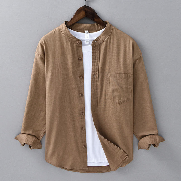 Koszula męska z długim rękawem i stójką Buddha Stones z kieszenią Pure Color Casual Cotton Linen - DarkGoldenrod - US/UK/AU40, EU50 (3XL) - image 21
