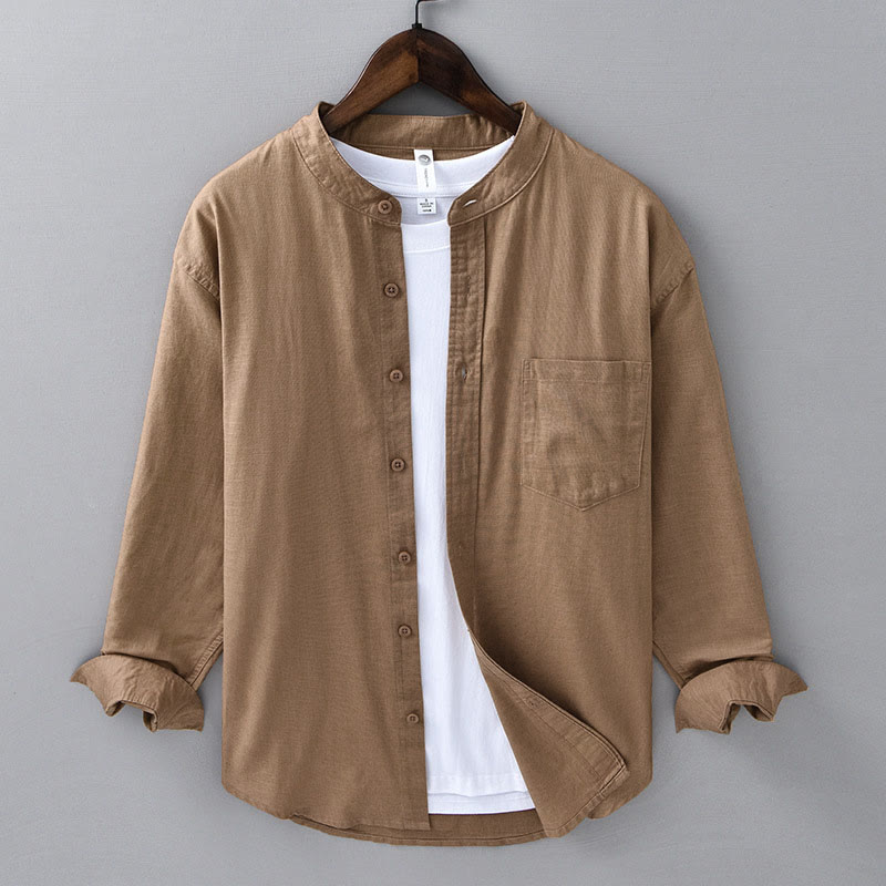 Koszula męska z długim rękawem i stójką Buddha Stones z kieszenią Pure Color Casual Cotton Linen - DarkGoldenrod - US/UK/AU40, EU50 (3XL) - image 21