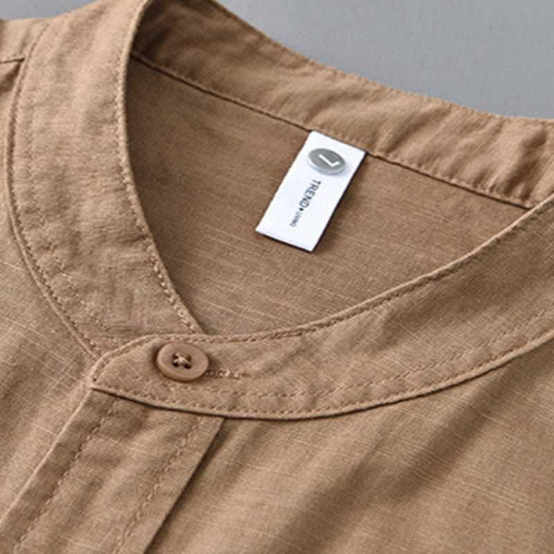 Koszula męska z długim rękawem i stójką Buddha Stones z kieszenią Pure Color Casual Cotton Linen - image 22