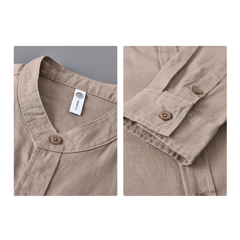 Koszula męska z długim rękawem i stójką Buddha Stones z kieszenią Pure Color Casual Cotton Linen - image 33