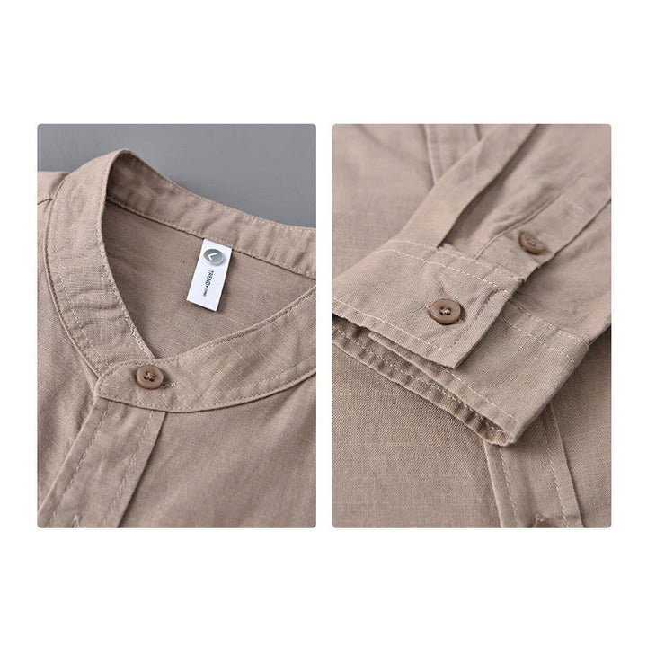 Koszula męska z długim rękawem i stójką Buddha Stones z kieszenią Pure Color Casual Cotton Linen - image 33