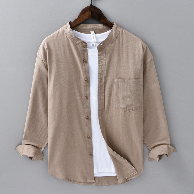 Koszula męska z długim rękawem i stójką Buddha Stones z kieszenią Pure Color Casual Cotton Linen - BurlyWood - US/UK/AU40, EU50 (3XL) - image 30
