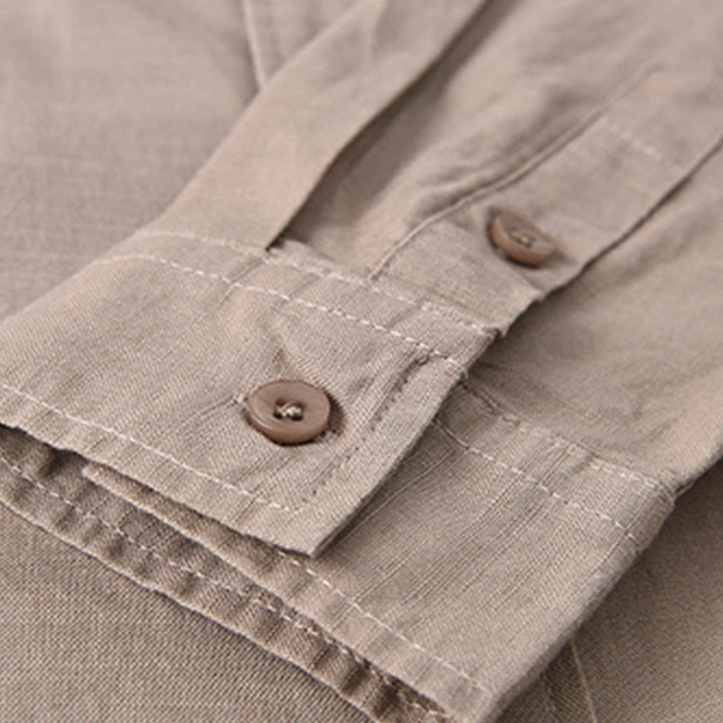 Koszula męska z długim rękawem i stójką Buddha Stones z kieszenią Pure Color Casual Cotton Linen - image 31