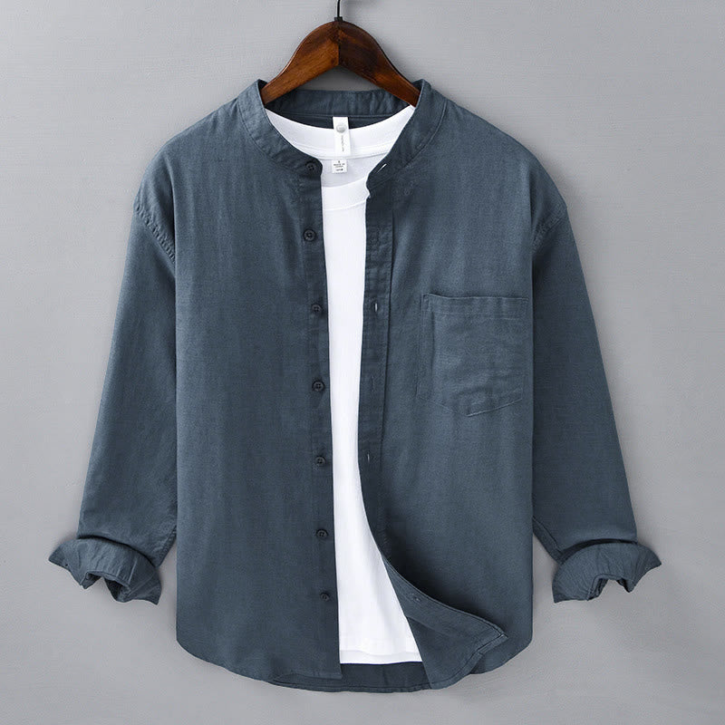 Koszula męska z długim rękawem i stójką Buddha Stones z kieszenią Pure Color Casual Cotton Linen - Stalowoniebieski - US/UK/AU40, EU50 (3XL) - image 25