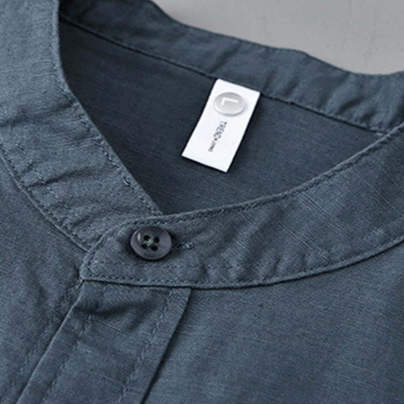 Koszula męska z długim rękawem i stójką Buddha Stones z kieszenią Pure Color Casual Cotton Linen - image 26