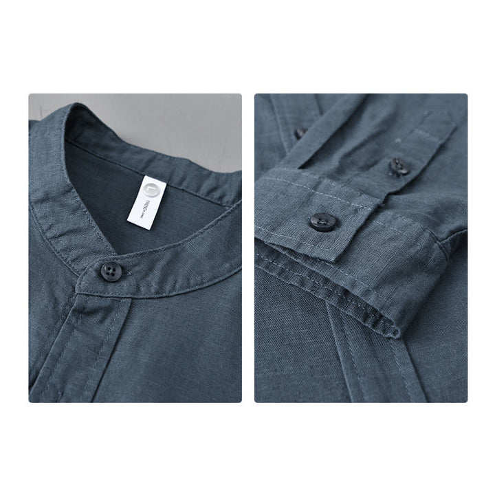 Koszula męska z długim rękawem i stójką Buddha Stones z kieszenią Pure Color Casual Cotton Linen - image 28