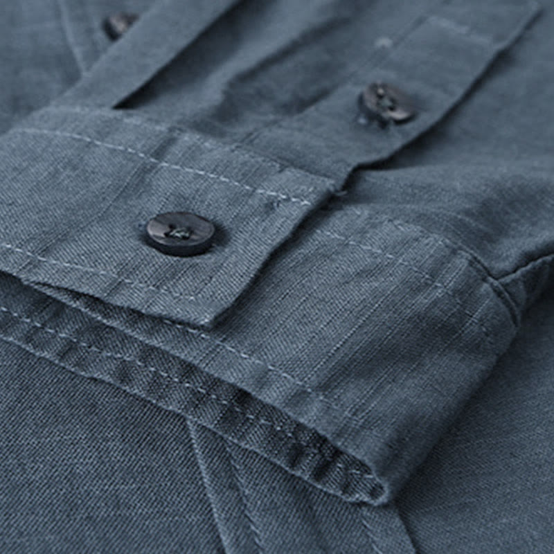 Koszula męska z długim rękawem i stójką Buddha Stones z kieszenią Pure Color Casual Cotton Linen - image 27