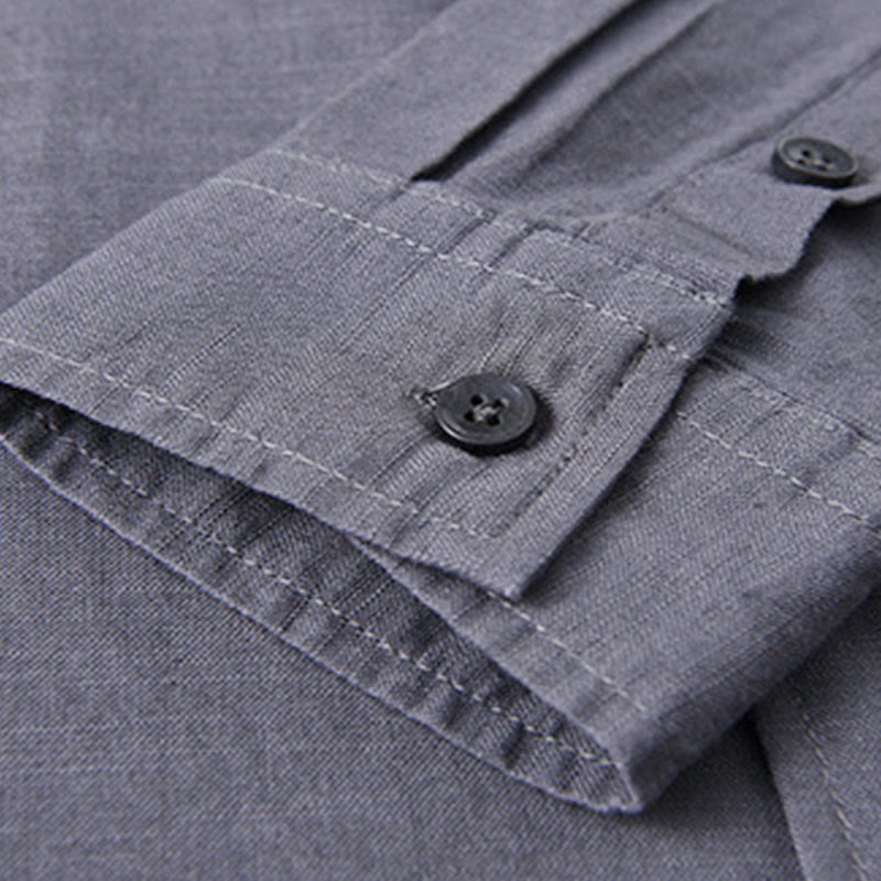 Koszula męska z długim rękawem i stójką Buddha Stones z kieszenią Pure Color Casual Cotton Linen - image 37