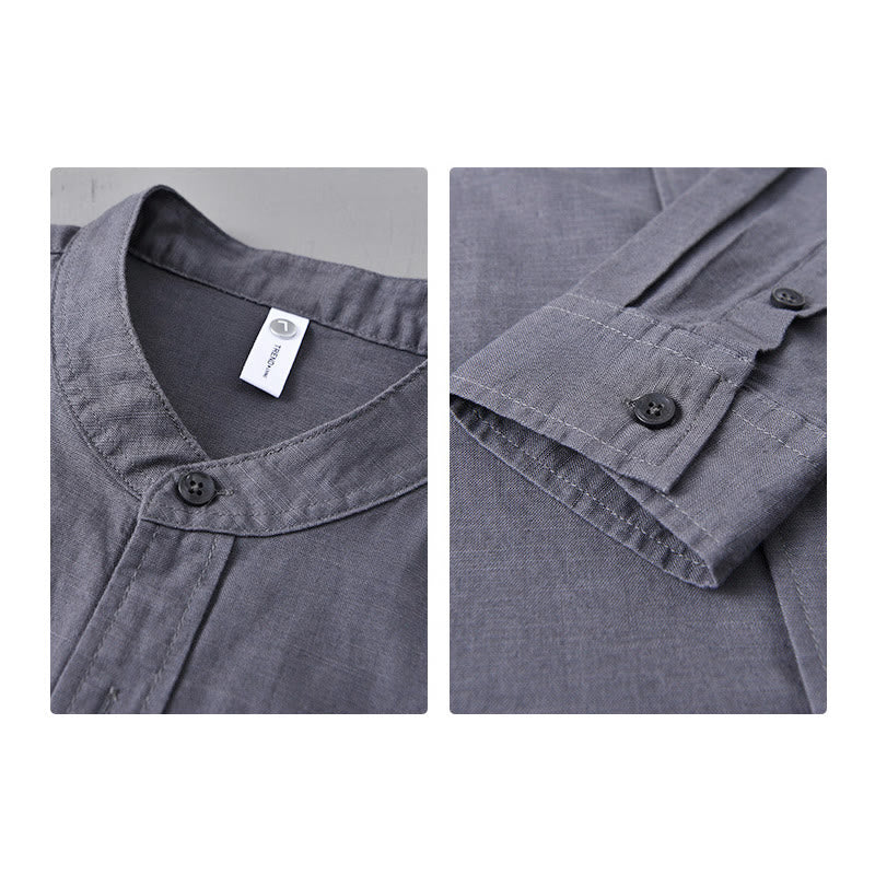 Koszula męska z długim rękawem i stójką Buddha Stones z kieszenią Pure Color Casual Cotton Linen - image 35