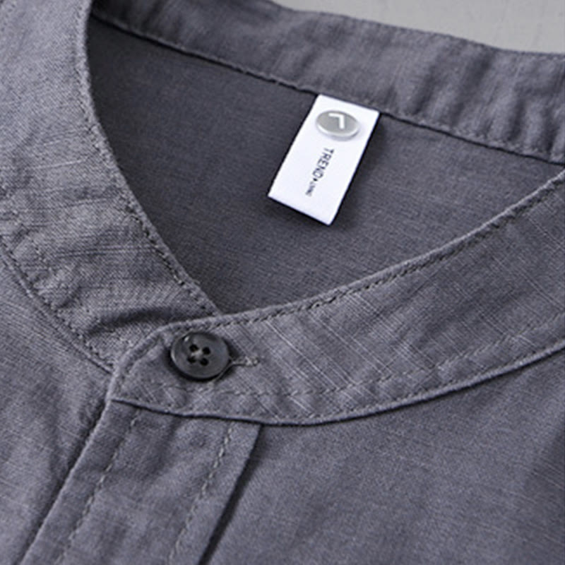 Koszula męska z długim rękawem i stójką Buddha Stones z kieszenią Pure Color Casual Cotton Linen - image 34