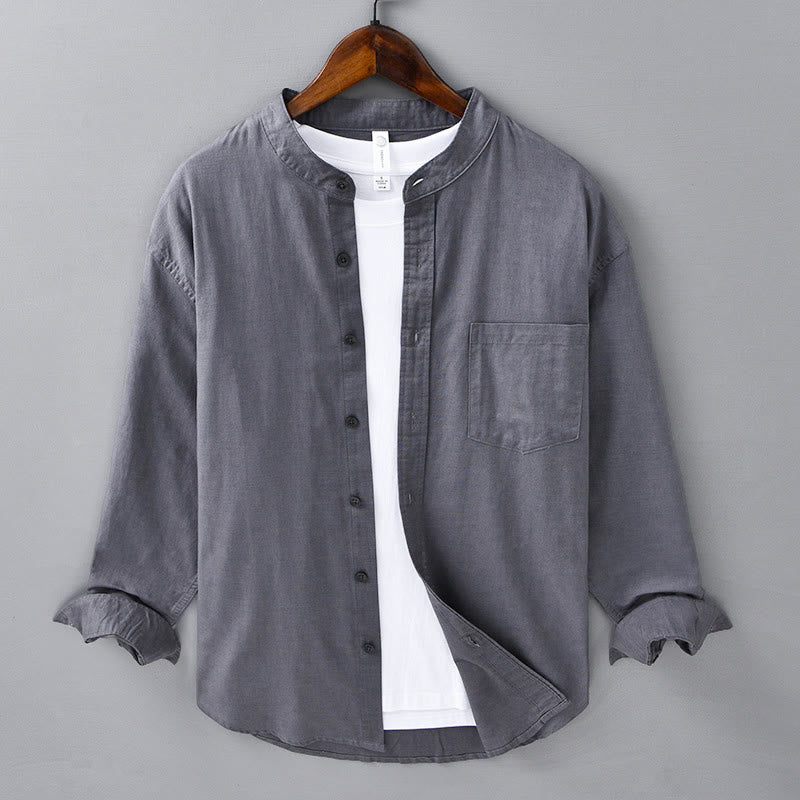 Koszula męska z długim rękawem i stójką Buddha Stones z kieszenią Pure Color Casual Cotton Linen - DimGray - US/UK/AU40, EU50 (3XL) - image 33
