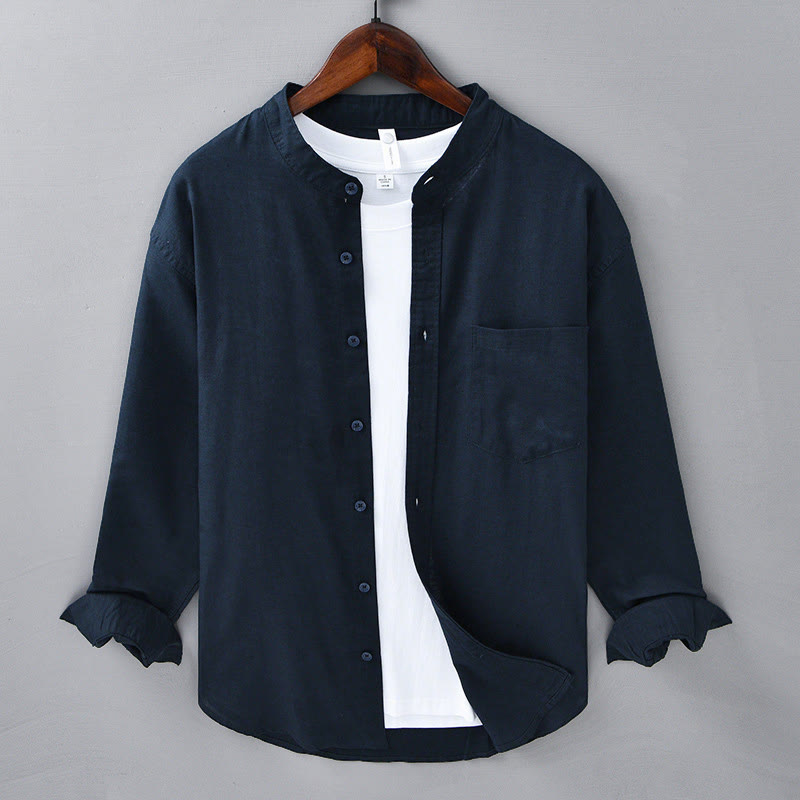 Koszula męska z długim rękawem i stójką Buddha Stones z kieszenią Pure Color Casual Cotton Linen - MidnightBlue - US/UK/AU40, EU50 (3XL) - image 38