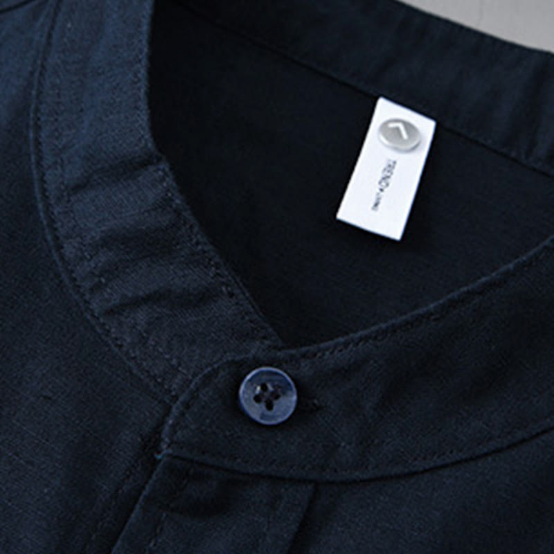Koszula męska z długim rękawem i stójką Buddha Stones z kieszenią Pure Color Casual Cotton Linen - image 39