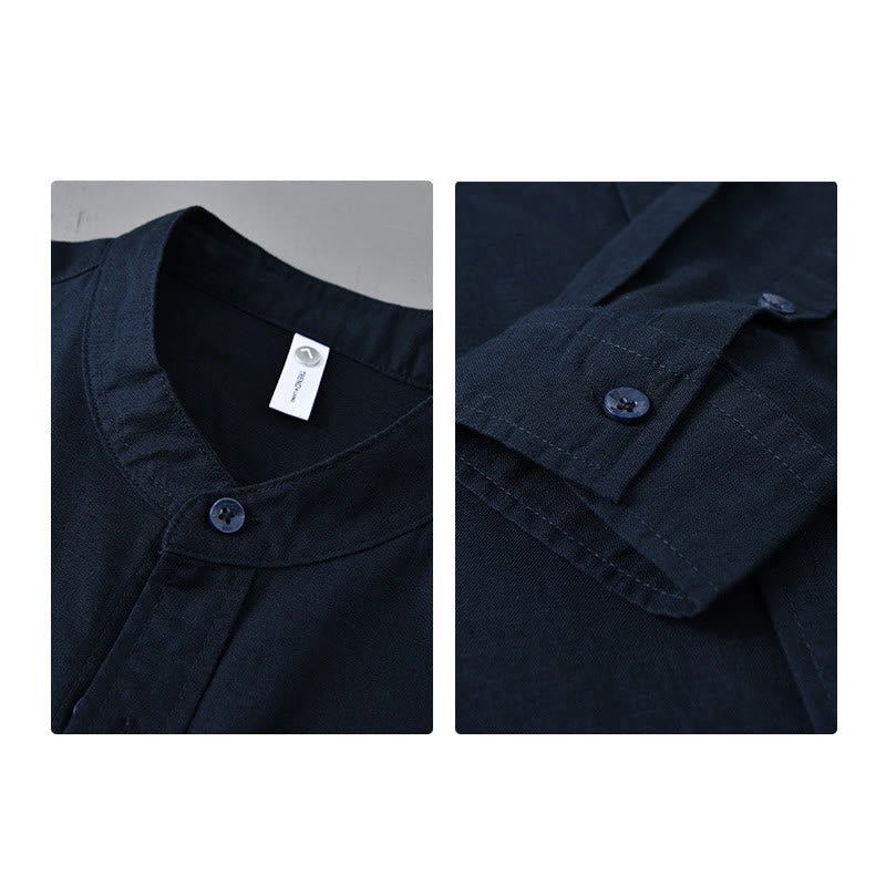 Koszula męska z długim rękawem i stójką Buddha Stones z kieszenią Pure Color Casual Cotton Linen - image 39