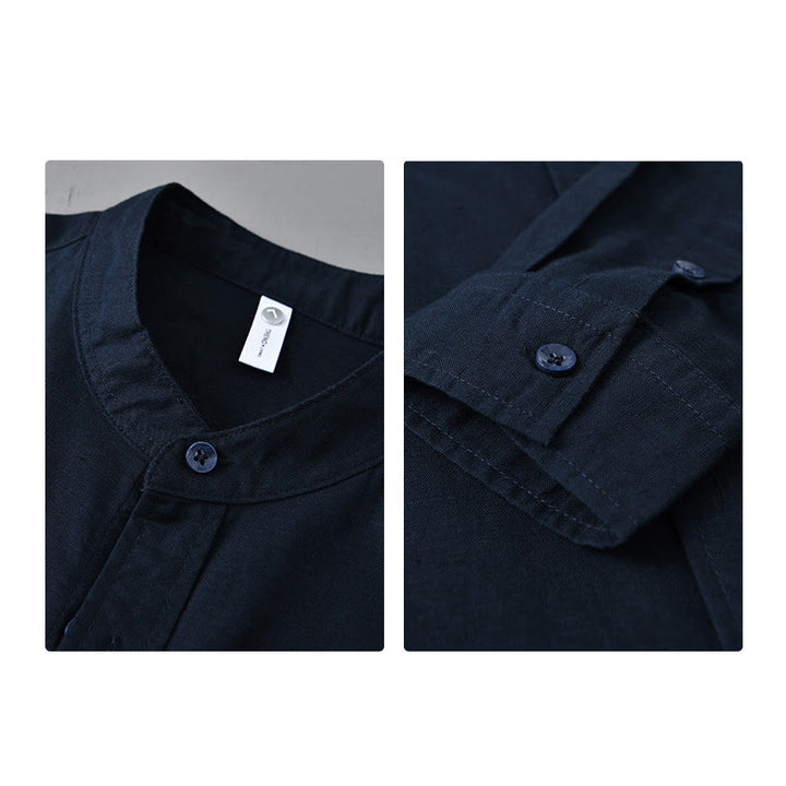 Koszula męska z długim rękawem i stójką Buddha Stones z kieszenią Pure Color Casual Cotton Linen - image 38