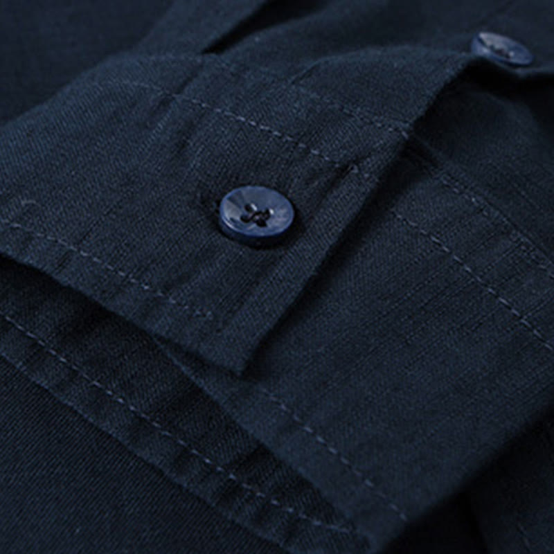 Koszula męska z długim rękawem i stójką Buddha Stones z kieszenią Pure Color Casual Cotton Linen - image 40