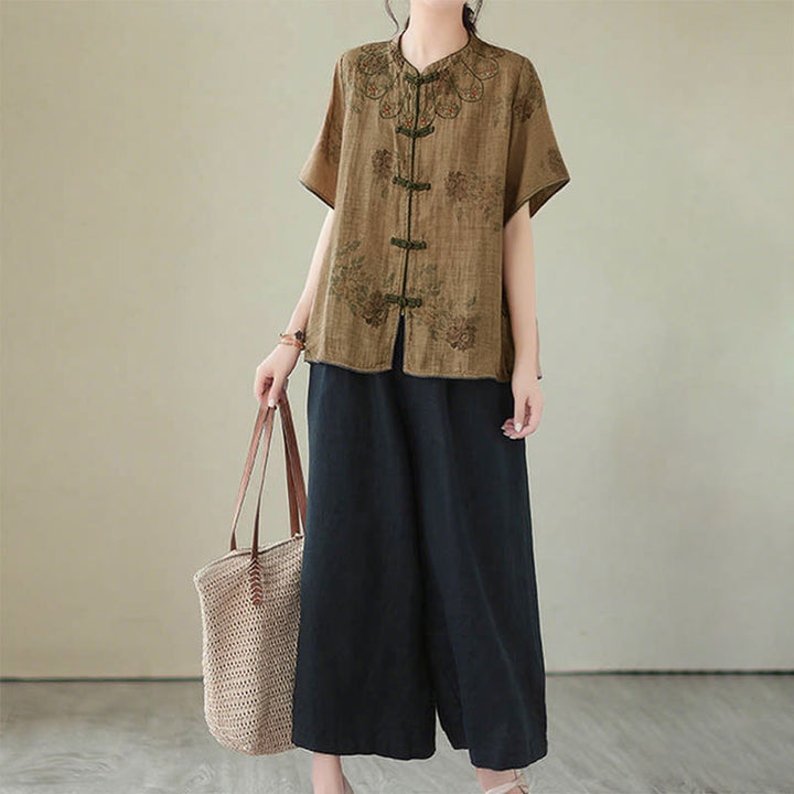 Koszula z nadrukiem fioletowych kwiatów Buddha Stones i guzikami - image 12