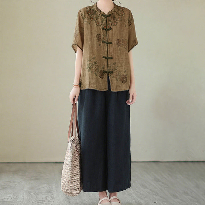 Koszula z nadrukiem fioletowych kwiatów Buddha Stones i guzikami - image 10